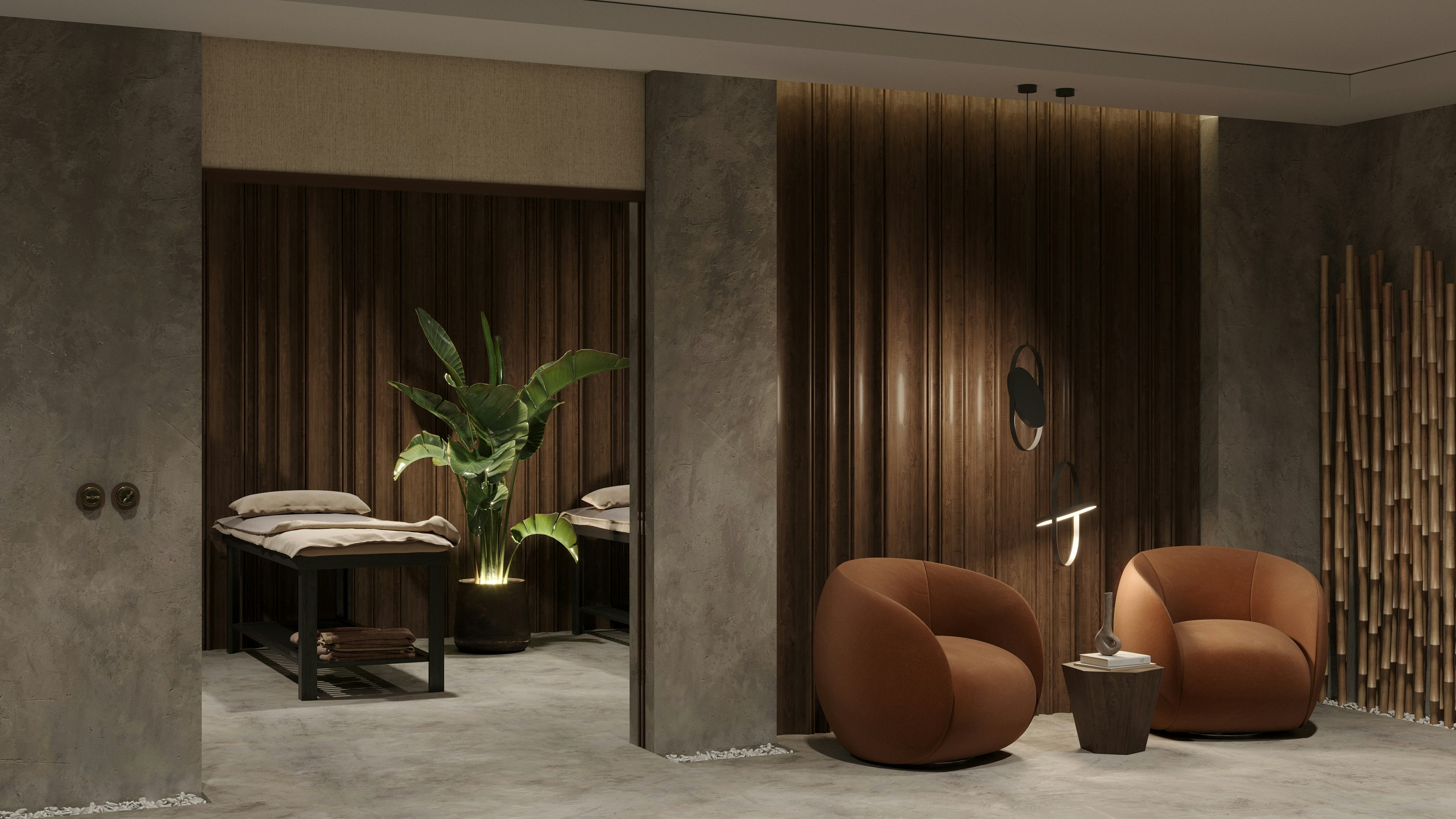 Luxury dimmed spa room with wood accents and modern design